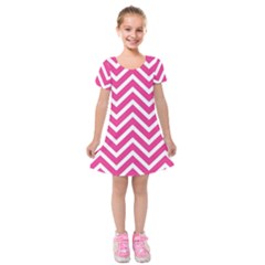 Chevrons Zigzag Pattern Design Pink White Kids  Short Sleeve Velvet Dress by Wegoenart