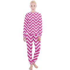 Chevrons Zigzag Pattern Design Pink White Women s Lounge Set by Wegoenart