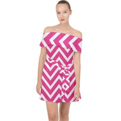 Chevrons Zigzag Pattern Design Pink White Off Shoulder Chiffon Dress by Wegoenart