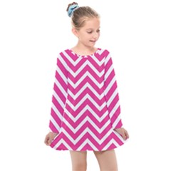 Chevrons Zigzag Pattern Design Pink White Kids  Long Sleeve Dress by Wegoenart