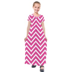 Chevrons Zigzag Pattern Design Pink White Kids  Short Sleeve Maxi Dress by Wegoenart