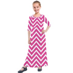 Chevrons Zigzag Pattern Design Pink White Kids  Quarter Sleeve Maxi Dress by Wegoenart