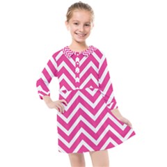 Chevrons Zigzag Pattern Design Pink White Kids  Quarter Sleeve Shirt Dress by Wegoenart