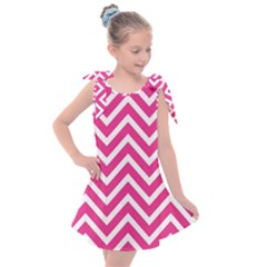 Chevrons Zigzag Pattern Design Pink White Kids  Tie Up Tunic Dress by Wegoenart