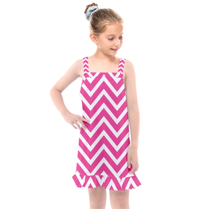 Chevrons Zigzag Pattern Design Pink White Kids  Overall Dress