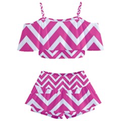 Chevrons Zigzag Pattern Design Pink White Kids  Off Shoulder Skirt Bikini by Wegoenart