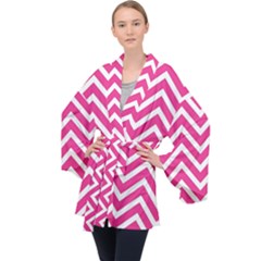 Chevrons Zigzag Pattern Design Pink White Long Sleeve Velvet Kimono  by Wegoenart