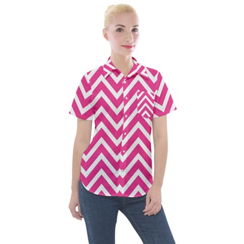 Chevrons Zigzag Pattern Design Pink White Women s Short Sleeve Pocket Shirt by Wegoenart