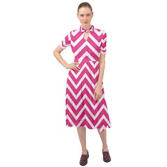 Chevrons Zigzag Pattern Design Pink White Keyhole Neckline Chiffon Dress by Wegoenart