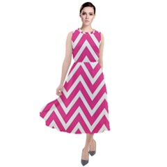 Chevrons Zigzag Pattern Design Pink White Round Neck Boho Dress by Wegoenart