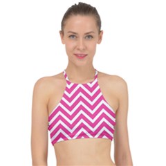 Chevrons Zigzag Pattern Design Pink White Racer Front Bikini Top by Wegoenart