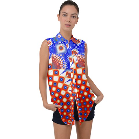 Digital Arts Fractals Futuristic Red Blue Sleeveless Chiffon Button Shirt by Wegoenart