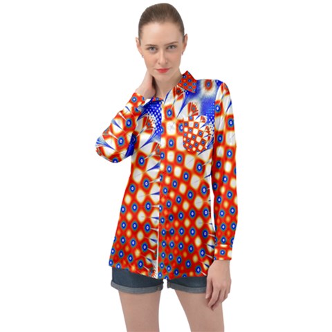 Digital Arts Fractals Futuristic Red Blue Long Sleeve Satin Shirt by Wegoenart