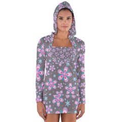 Seamless Pattern Flowers Pink Long Sleeve Hooded T-shirt