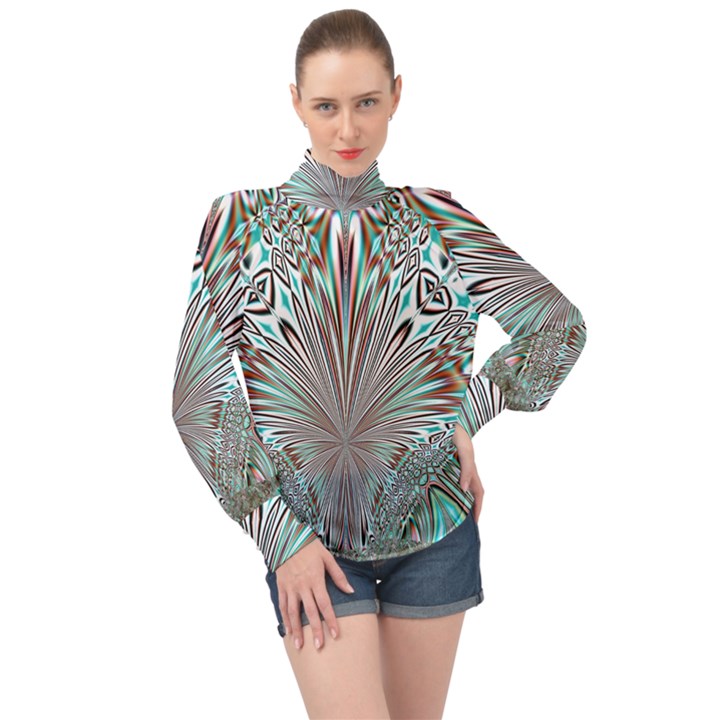 Crystal Design Crystal Pattern Glass High Neck Long Sleeve Chiffon Top