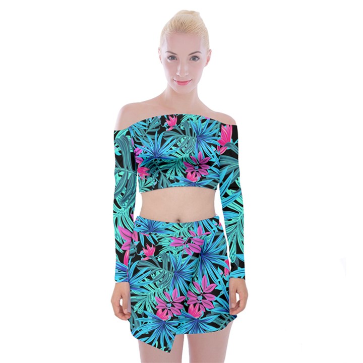 Leaves Picture Tropical Plant Off Shoulder Top with Mini Skirt Set