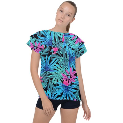 Leaves Picture Tropical Plant Ruffle Collar Chiffon Blouse by Wegoenart