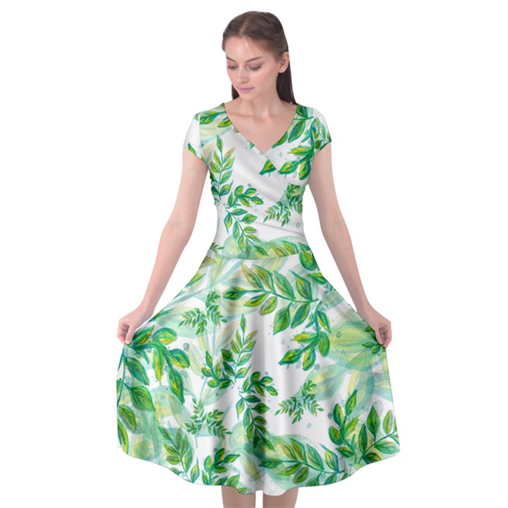 Leaves Green Pattern Nature Plant Cap Sleeve Wrap Front Dress