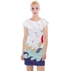 Mountain Sun Japanese Illustration Cap Sleeve Bodycon Dress by Vaneshart