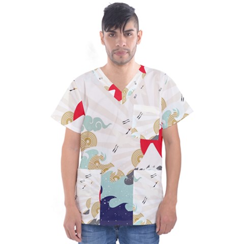 Mountain Sun Japanese Illustration Men s V-neck Scrub Top by Vaneshart