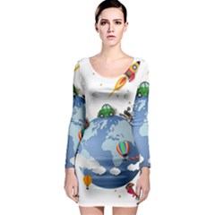 Earth Rocket Vector Earth Long Sleeve Bodycon Dress by Vaneshart