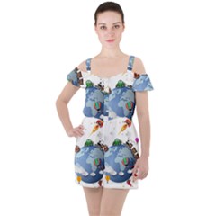 Earth Rocket Vector Earth Ruffle Cut Out Chiffon Playsuit by Vaneshart