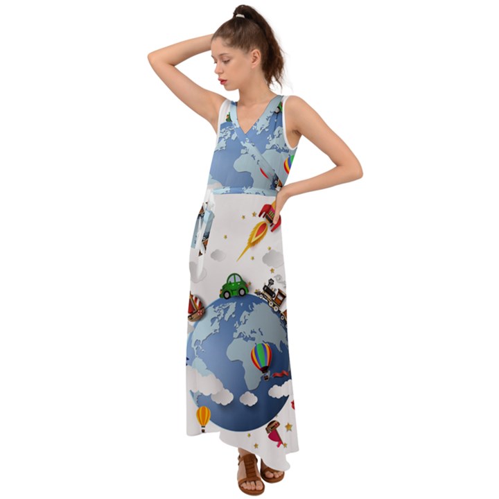 Earth Rocket Vector Earth V-Neck Chiffon Maxi Dress