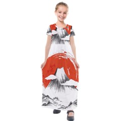 Mount Fuji Mountain Ink Wash Painting Kids  Short Sleeve Maxi Dress by Vaneshart