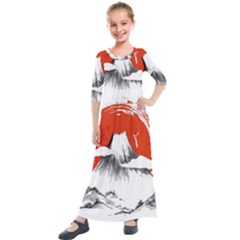 Mount Fuji Mountain Ink Wash Painting Kids  Quarter Sleeve Maxi Dress by Vaneshart