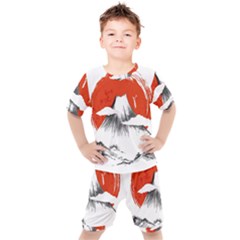 Mount Fuji Mountain Ink Wash Painting Kids  Tee And Shorts Set by Vaneshart