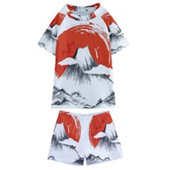 Mount Fuji Mountain Ink Wash Painting Kids  Swim Tee And Shorts Set by Vaneshart