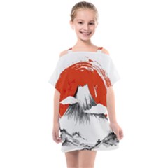 Mount Fuji Mountain Ink Wash Painting Kids  One Piece Chiffon Dress by Vaneshart