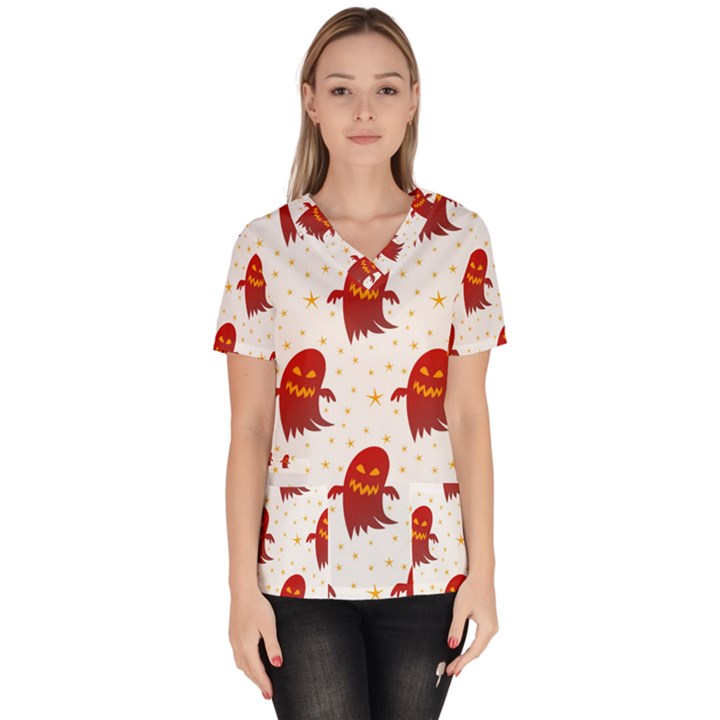 Ghost Halloween Drawing Flower Leaf Women s V-Neck Scrub Top