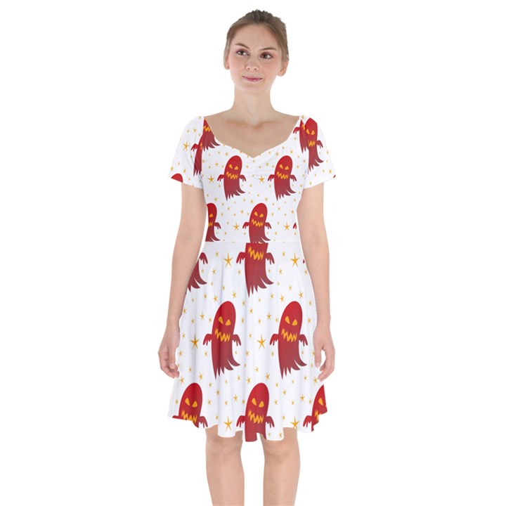 Ghost Halloween Drawing Flower Leaf Short Sleeve Bardot Dress