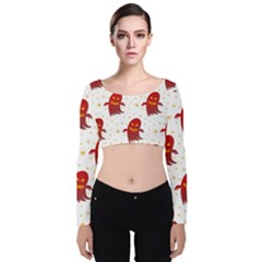 Ghost Halloween Drawing Flower Leaf Velvet Long Sleeve Crop Top by Vaneshart