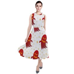 Ghost Halloween Drawing Flower Leaf Round Neck Boho Dress