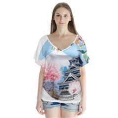 Japan National Cherry Blossom Festival Japanese V-neck Flutter Sleeve Top by Vaneshart