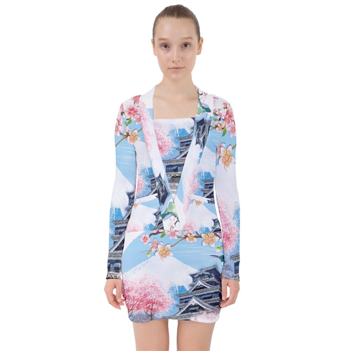 Japan National Cherry Blossom Festival Japanese V-neck Bodycon Long Sleeve Dress