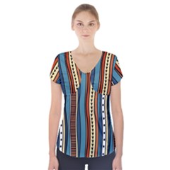 Stripes Hand Drawn Tribal Colorful Background Pattern Short Sleeve Front Detail Top by Vaneshart