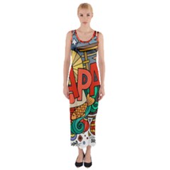 Earthquake And Tsunami Drawing Japan Illustration Fitted Maxi Dress