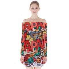 Earthquake And Tsunami Drawing Japan Illustration Long Sleeve Off Shoulder Dress