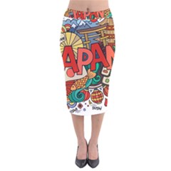 Earthquake And Tsunami Drawing Japan Illustration Velvet Midi Pencil Skirt