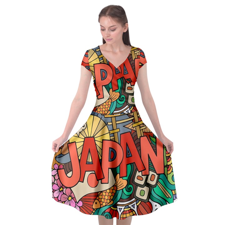 Earthquake And Tsunami Drawing Japan Illustration Cap Sleeve Wrap Front Dress