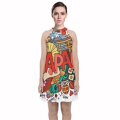 Earthquake And Tsunami Drawing Japan Illustration Velvet Halter Neckline Dress 