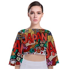 Earthquake And Tsunami Drawing Japan Illustration Tie Back Butterfly Sleeve Chiffon Top