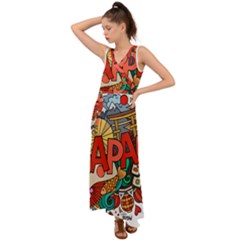 Earthquake And Tsunami Drawing Japan Illustration V-Neck Chiffon Maxi Dress