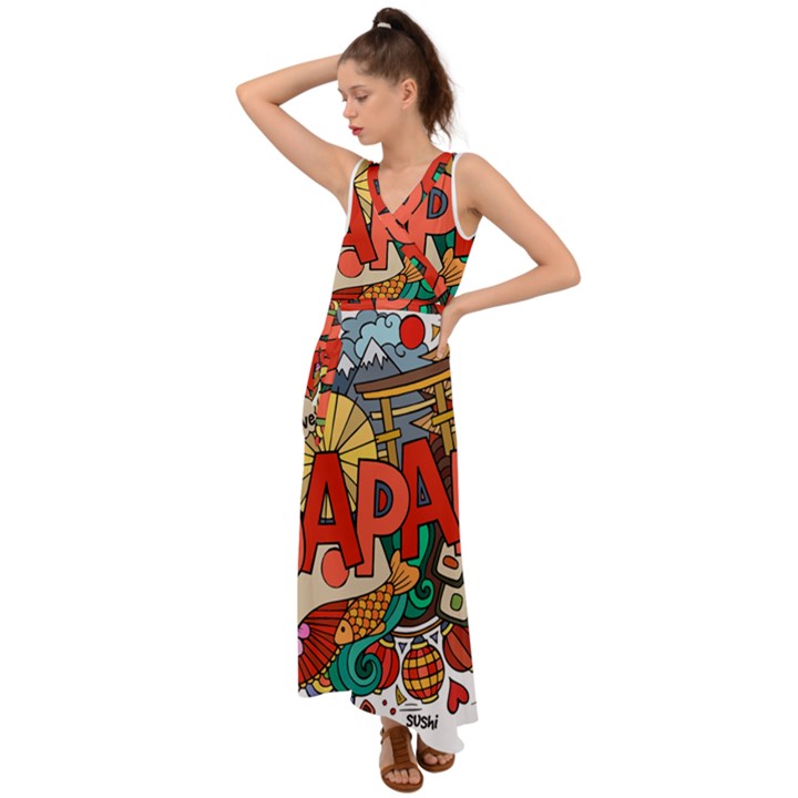 Earthquake And Tsunami Drawing Japan Illustration V-Neck Chiffon Maxi Dress