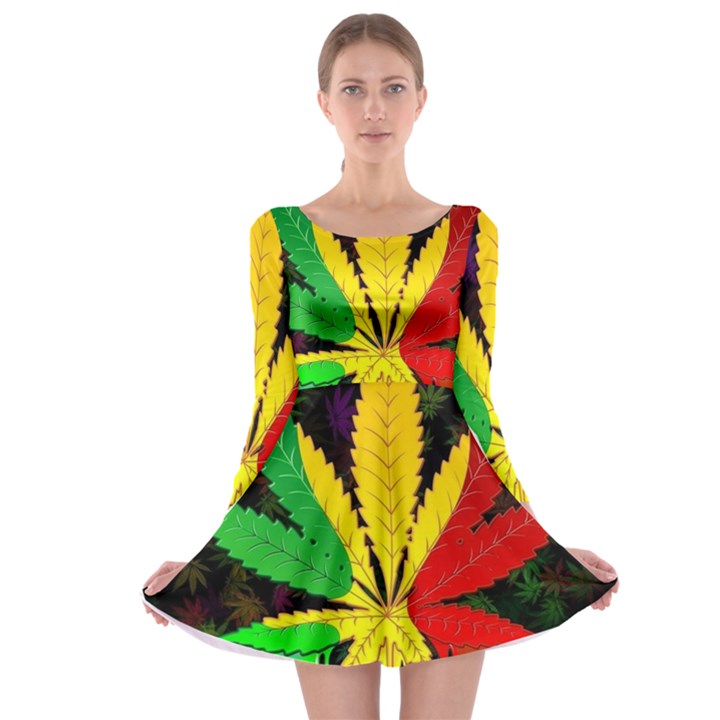 Cannabis Leaf Color Long Sleeve Skater Dress