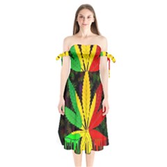 Cannabis Leaf Color Shoulder Tie Bardot Midi Dress by Vaneshart