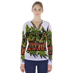 Cannabis Hemp Hashish Illegal Drug Trade Rasta V-neck Long Sleeve Top by Vaneshart